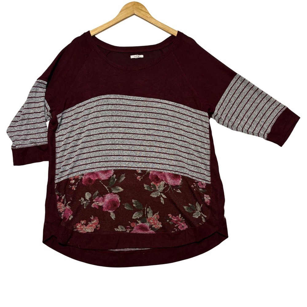 Maurices XXL Burgundy Floral Striped Mixed Media Raglan Top 2593793